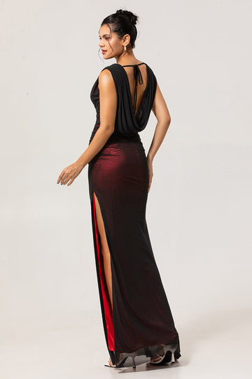 Black Red V Neck Ruched Sheath Long Bridesmaid Dress